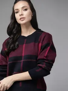 Roadster Women Black & Magenta Checked Pullover