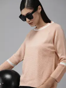 Roadster Women Rose & White Self Design Pullover Sweater