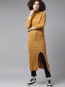 Roadster Women Mustard Yellow Ribbed Longline Pullover