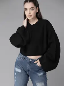 The Roadster Lifestyle Co. Acrylic Ribbed Flared Sleeves Crop Pullover Sweater