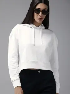 Roadster Women White Solid Boxy Fit Drop Shoulder Hooded Sweatshirt