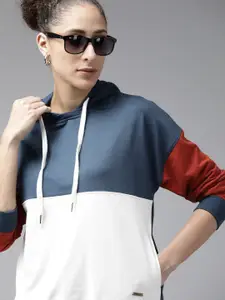 Roadster Women Navy Blue & White Colourblocked Hooded Sweatshirt