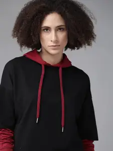 Roadster Women Black Cotton Hooded Sweatshirt