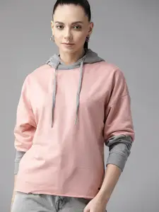 Roadster Women Pink & Grey Melange Hooded Sweatshirt