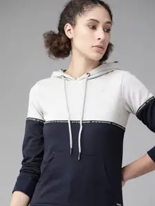 Roadster Women Grey Melange & Navy Colourblocked Hooded Sweatshirt