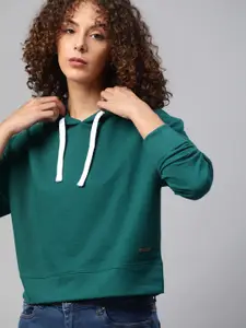 Roadster Women Green Solid Pure Cotton Boxy Fit Hooded Sweatshirt