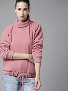 Roadster Women Dusty Pink Solid Fleece Turtle Neck Sweatshirt with Tie-up Detail