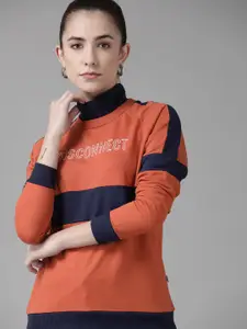 Roadster Women Rust Orange & Navy Blue Printed Sweatshirt
