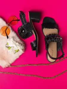 Saint G Women Black Leather Basketweave & Embellished Block Heels
