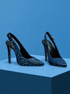 Saint G Women Blue & Black Leather Leopard Print Kitten Heels