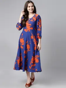 AHIKA Women Blue & Orange Floral Print Georgette Fit & Flare Dress