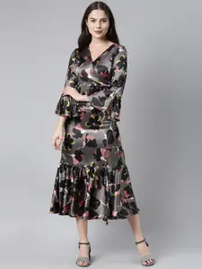 AHIKA Women Grey & Black Floral Printed Peplum Midi Dress