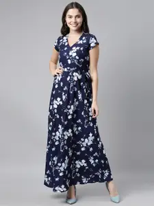 AHIKA Navy Blue Floral Georgette Maxi Dress