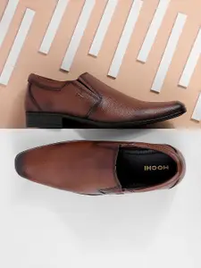 Mochi Men Tan Brown Solid Leather Formal Slip-Ons