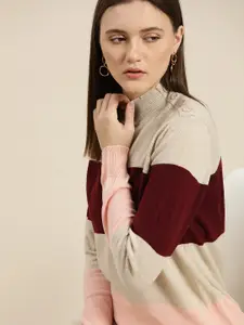 her by invictus Women Cream-Coloured & Maroon Colourblocked Pullover