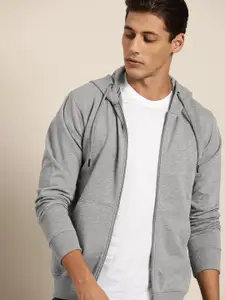 INVICTUS Men Grey Melange Solid Hooded Front-Open Sweatshirt