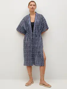 MANGO Women Navy Blue & White Pure Cotton Dyed Effect Longline Tie-Up Shrug