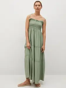 MANGO Green Solid Smocked Gathered Tiered Maxi Dress