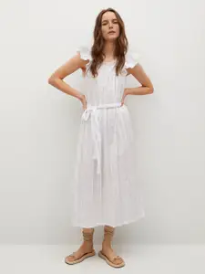 MANGO White Solid Smocked A-Line Midi Dress