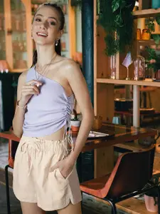 MANGO Women Cream-Coloured Solid Pure Cotton Shorts