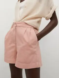 MANGO Women Peach-Coloured Solid Cotton Regular Shorts