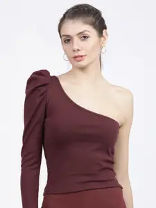 Tokyo Talkies Maroon One Shoulder Puff Sleeve Top
