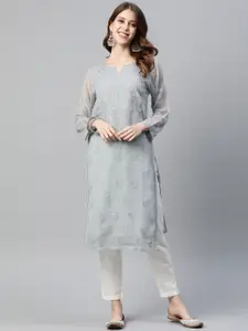 ADA Women Grey Ethnic Motifs Embroidered Chikankari Georgette Handloom Kurta With Matching Slip