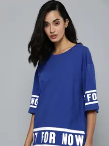 Flying Machine Women Navy Blue Typography Printed Drop-Shoulder Sleeves T-shirt