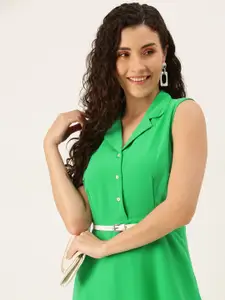 Flying Machine Green Solid Shirt Collar Belted Polyester Casual Shirt Maxi Dress