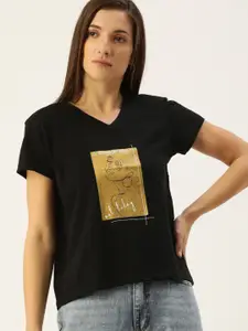 Flying Machine Women Black Printed V-Neck Pure Cotton T-shirt