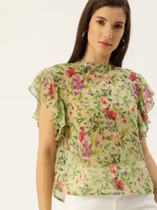 Flying Machine Multicoloured Floral High Neck Flutter Sleeves Top