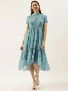 Ethnovog Blue  White Tiered Georgette Made To Measure Midi Dress