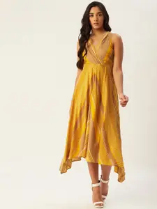 Label Ritu Kumar Women Mustard Yellow & Brown Striped Midi Wrap Dress