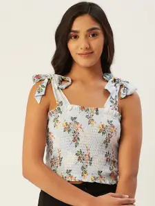 Label Ritu Kumar Blue & Green Floral Print Tie-Up Shoulder Straps Detail Smocked Crop Top