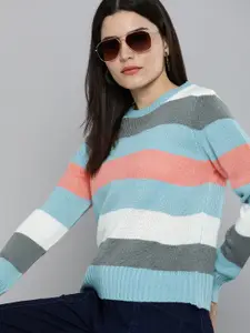 Mast & Harbour Women Blue & Grey Striped Pullover Sweater