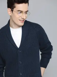 Mast & Harbour Men Navy Blue Ribbed Cardigan Sweater