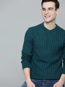 Mast & Harbour Men Teal Green Cable Knit Pullover