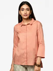 Fabindia Women Peach Colored Solid Pure Cotton Casual Shirt