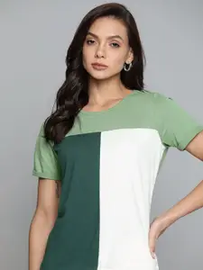 Chemistry Women Green & White Colourblocked Pure Cotton T-shirt