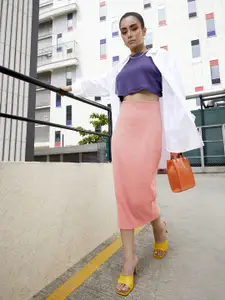 Chemistry Peach-Coloured Pure Cotton Ribbed Midi Pencil Skirt