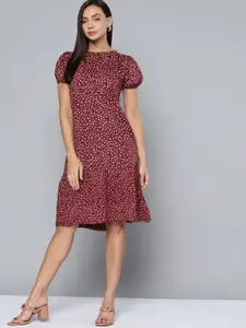 Chemistry Women Maroon Pure Cotton Polka Dots Printed A-Line Dress