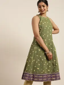 Taavi Women Green Gold Khari Printed A-Line Kurta