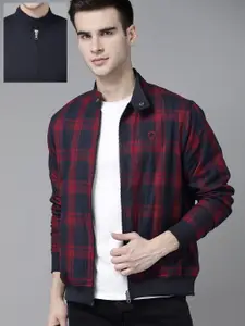 Roadster Men Navy Blue & Maroon Checked Reversible Tailored Jacket