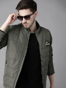 Roadster Men Olive Green Solid Padded Jacket with Patchwork