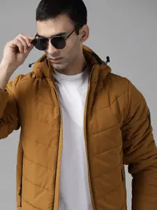 Roadster Men Mustard Brown Solid Padded Jacket with Detachable Hood