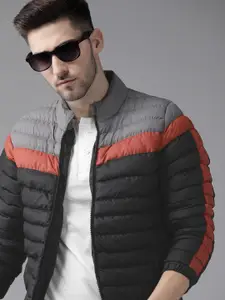 Roadster Men Black & Grey Colourblocked Padded Jacket