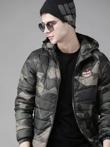 Roadster Men Green & Beige Geometric Print Padded Jacket