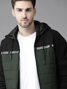 Roadster Men Black & Olive Green Nylon Colourblocked Hooded Padded Jacket