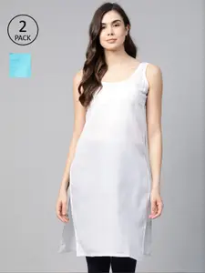 ADA Women White and Blue Pack of 2 Cotton Solid Handloom Slips