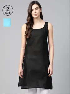 ADA Women Black and Blue Pack of 2 Cotton Solid Handloom Slips